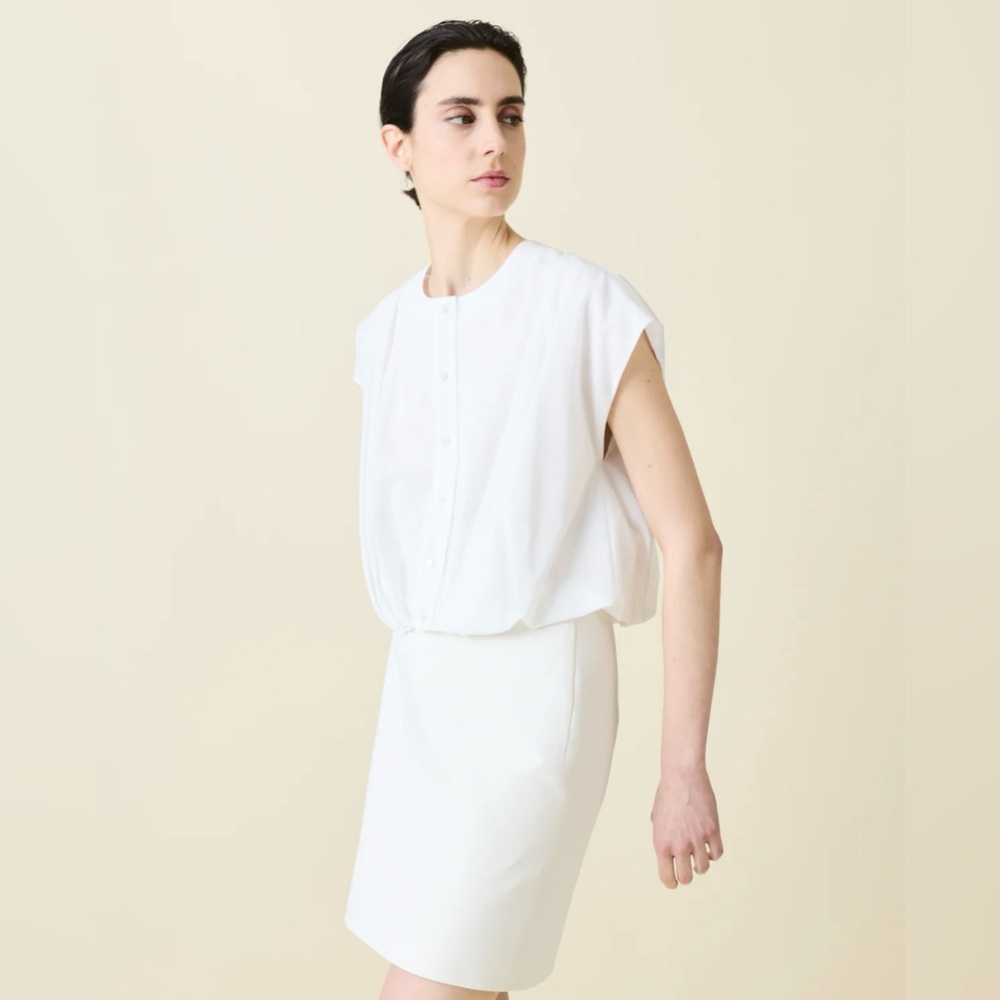 AKRIS Sleeveless Cotton Voile Bubble Blouse - Pure White (Sz 2)